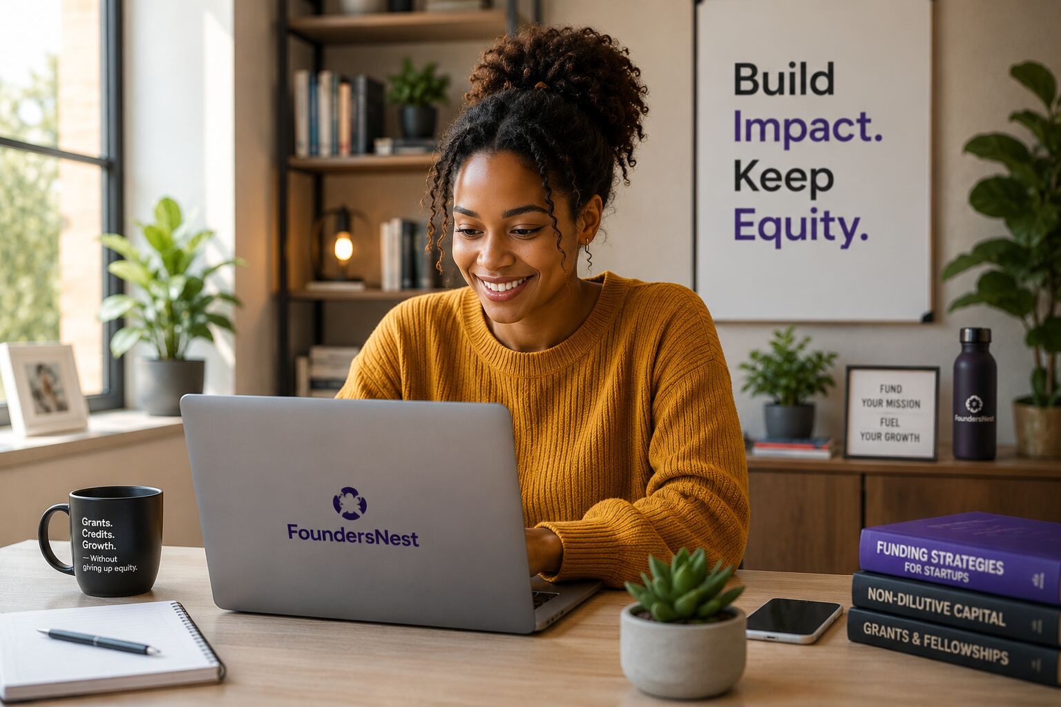 Founder smiling at her laptop with FoundersNest branding